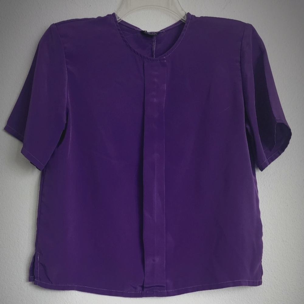Tan Jay Hidden Button Down Short Sleeve Shoulder Pads Purple Women's Top Sz ?